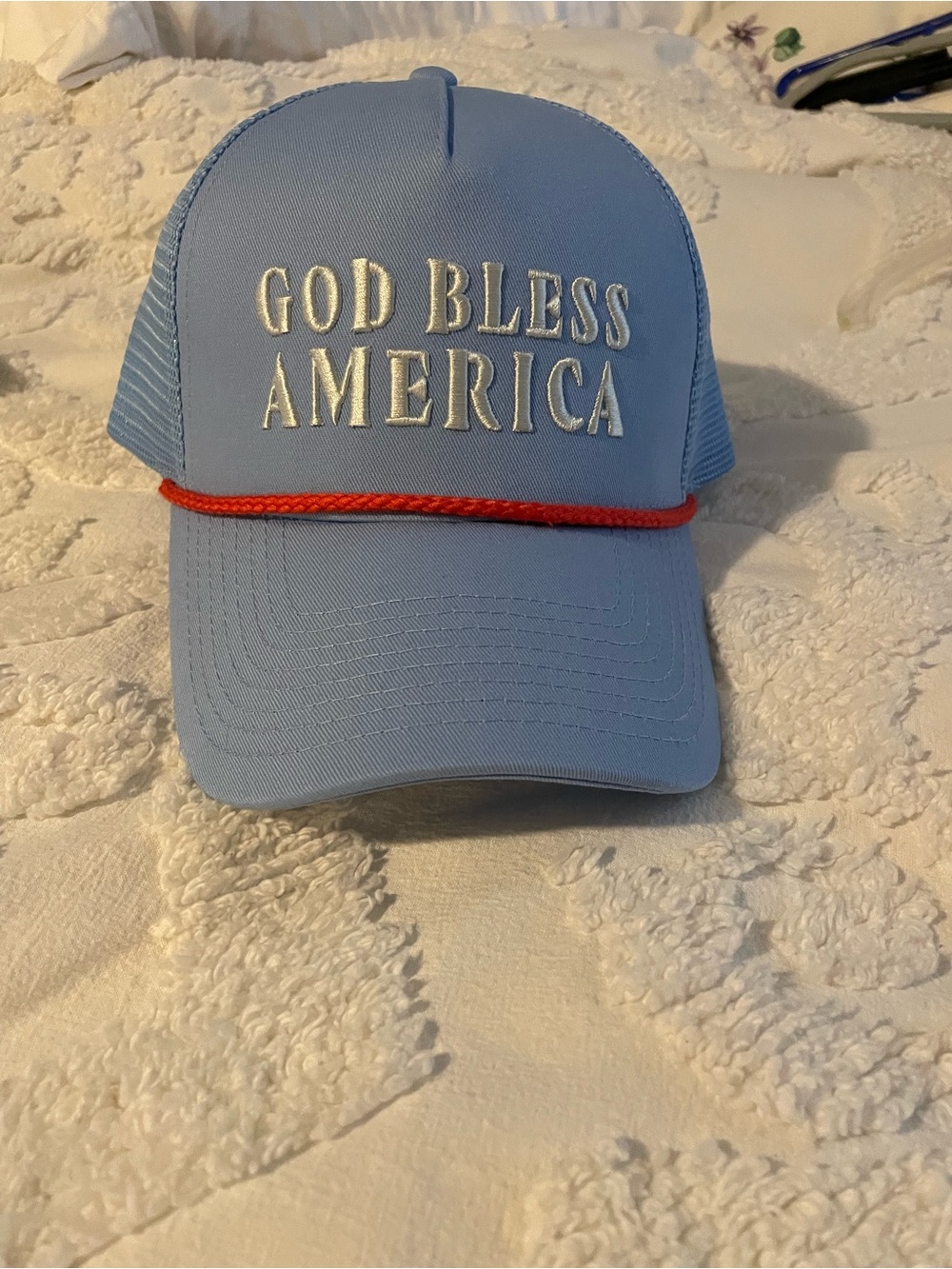 Light Blue 'God Bless America' Trucker Hat with Red Rope Accent